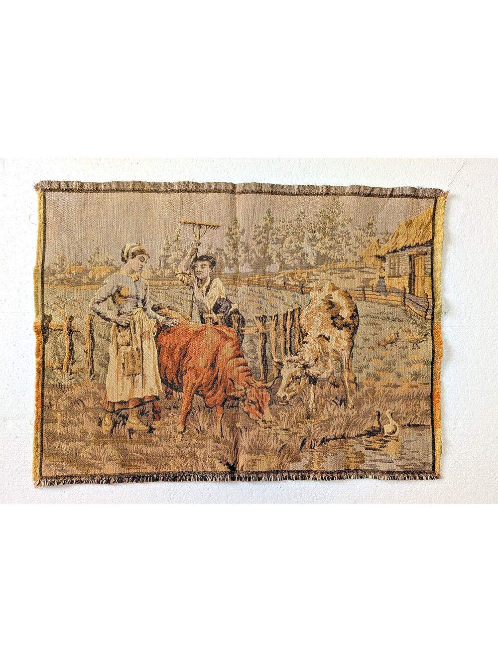 Antique French Woven Tapestry Pastoral Farm Scene Cows Ducks Cottage Vintage